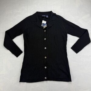 Vtg Hillard & Hanson Cardigan Sweater Women S Black Merino Wool Ribbed Button-Up